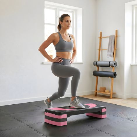 Stepper fitness aérobic hauteur réglable surface antidérapante 80 x 31 x 20 cm noir rose clair (1/5)
