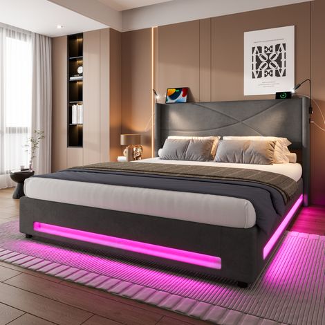Bett mit Stauraum, gepolstertes Doppelbett, 140 x 200 cm, 2 LED-USB-Lampen, Kopfteil-Lattenrost, modernes Samtbett für Erwachsene, hydraulischer Lift, Unterbett-Stauraum, Grau