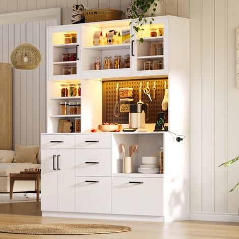 DESMIU Buffet de Cuisine Haut avec Étagères, 5 Tiroirs, LED RGB, Prises et Plateau, pour Cuisine, en MDF, Blanc (1/5)