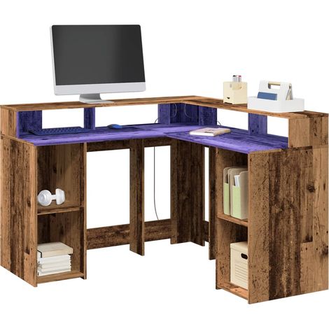 Desk with LED Lights Old Wood 130x130x91 cm Engineered Wood vidaXL (1/5)