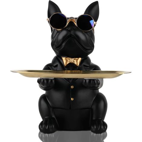 Statue de Plateau de Rangement de Table de Bouledogue Noir en résine, Tirelire de Sculpture de Bouledogue, clés, Bonbons