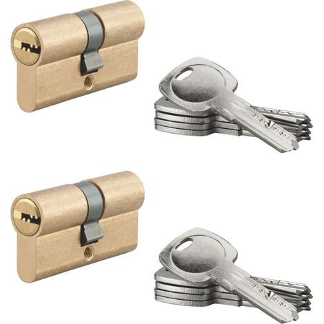 Lot de 2 cylindres de serrure à double entrée 5G 30x30mm – Laiton avec protection anti-arrachement – 5 clés crantées incluses – SP