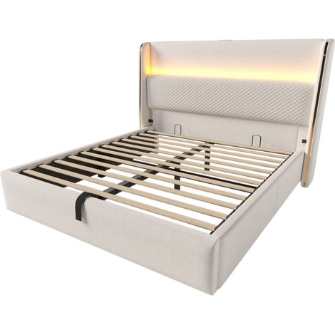 Doppelbett 160x200 cm mit Stauraum, LED, USB und Type-C, Beige, mit Matratze (1/5)