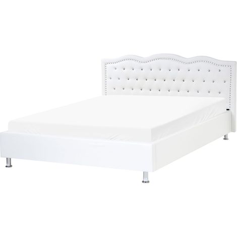Sommier et Cadre de Lit Double 160 x 200 cm en Cuir PU Blanc Tête de Lit Cloutée Metz