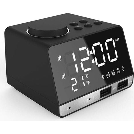 LED-Digitalwecker, Bluetooth-Basslautsprecher, FM-Radio, 2 USB-Ladeanschlüsse, Nachttischwecker, Musikplayer, Schlummerfunktion, Temperaturregelung, Kinderwecker (1/4)