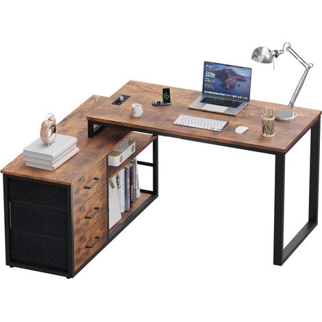 Bureau d'ordinateur 140 x 105 cm, Modèle en L Réversible, 3 Grands Tiroirs, Multiprise Intégrée et Panneau Perforé Réglable, Effet Bois Brûlé avec Pieds Noirs (1/5)