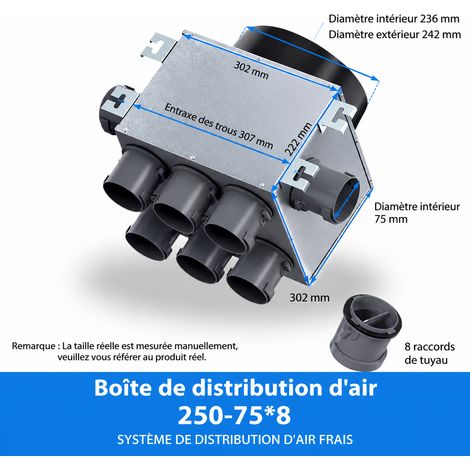 Caisson de distribution d'air métallique VMC n°27 250 vers 8 piquages 75 27 250 8 pièces75 22,2 × 30,2 × 30,2 cm 5 kg – Livraison gratuite