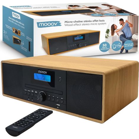 Mooov Micro HiFi Stereo 50W Bluetooth Lettore CD MP3 Radio FM USB RCA Legno (1/5)