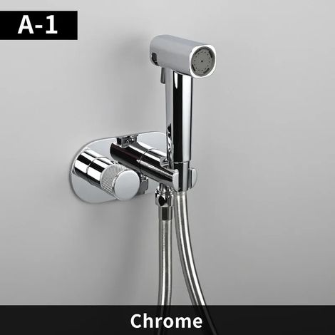 (Poignée ronde B) Robinet de bidet chromé, bidet portable pour toilettes, robinet de bidet en acier inoxydable, pommeau de douche avec couvercle et porte-papier toilette (1/4)