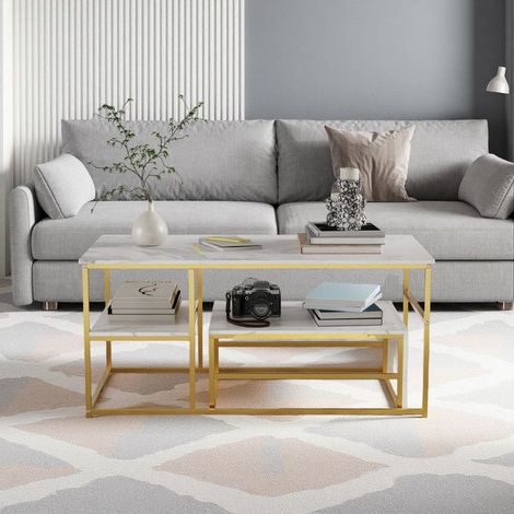 Couchtisch - Weißer Marmor - Nesttisch - Goldenes Metall - 105x52x48.5cm (1/5)