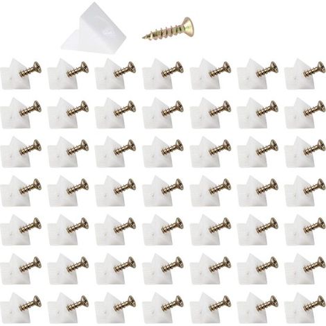 Lot de 100 pièces - 15 x 12,88 x 9,2 mm - Blanc - Supports de fond de tiroir - Supports d'étagère - Angle de 45° - Avec vis - Plastique - Fixations (1/5)