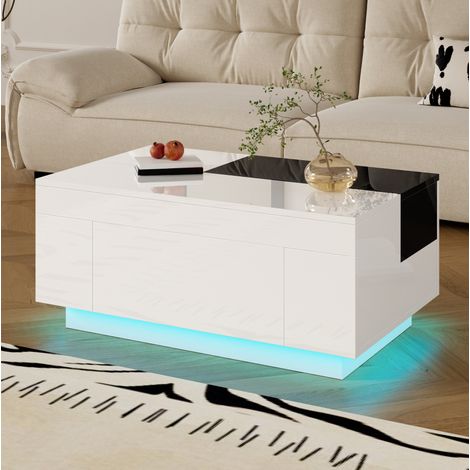Mesa de centro de MDF 80x50x35,5 cm negro y blanco brillo, tablero extensible, cajón y LED RGB (1/5)