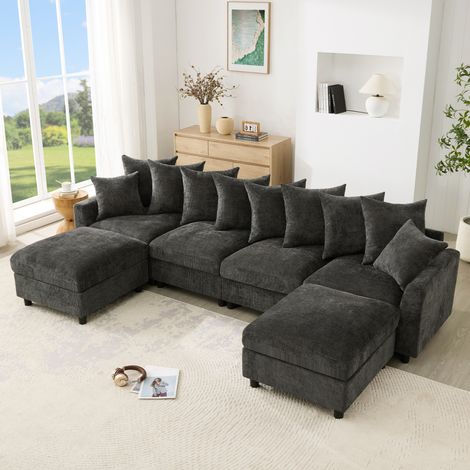 Canapé modulable 6 places en tissu gris, forme U ou L, avec 2 poufs, ports USB et Type-C, 10 coussins, idéal salon moderne - CHICFURN (1/5)