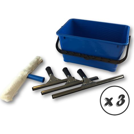 Ensemble lave vitres pro Seau 13 L Mouilleur 3 raclettes inox 25-35-45 cm - Lot de 3 - Ensemble complet