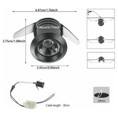 mini spot led œil de chat pour plafond petit trou ouvert vitrine armoire à vin petit spot encastré-1w,3000K,lumière blanche chaude,noir,10pcs (1/4)