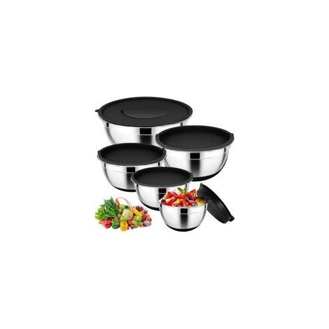 Lot de 5 saladiers en acier inoxydable avec couvercle hermétique - 4,5 l / 2,7 l / 1,5 l / 1,2 l / 0,7 l - Antidérapant et empilable - Pour la cuisine