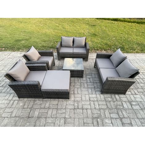 Fimous Rattan Garden Furniture Set 7 Seater Patio Outdoor Lounge Sofa Set with Square Coffee Table Double Seat Sofa Big Footstool Dark Grey Mixed (1/5)