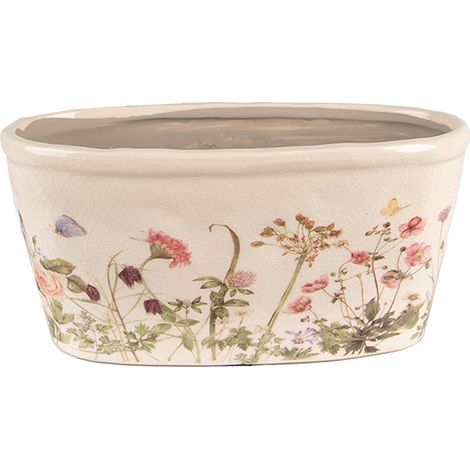 Pot de Fleurs Ovale en Céramique Motif Fleurs et Papillons Beige Rosé 23x10x11 cm - PANGIVO
