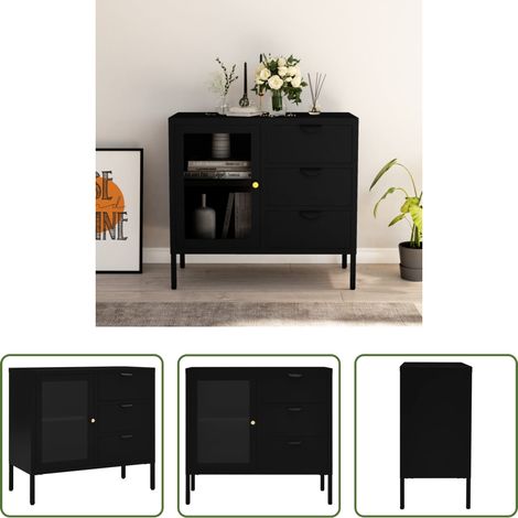 Schrank - Sideboard Schwarz 75x35x70 cm Stahl und Hartglas (1/5)