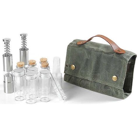 Voici une proposition de titre en français (190 caractères maximum) :
Kit Organisateur d'Épices Camping, Sac de Rangement pour Voyage avec Flacons Assaisonnement, Portatif et Compact pour Sac à Dos (1/4)