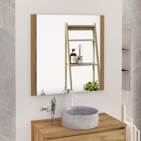 Miroir de Salle de Bain, Miroir latéral en Bois, Option avec et sans LED. Styles Qui s'adaptent à la Salle de Bain ou à n'importe Quelle pièce de la Maison. 90 x 80 cm latéral en Bois Teck (1/5)