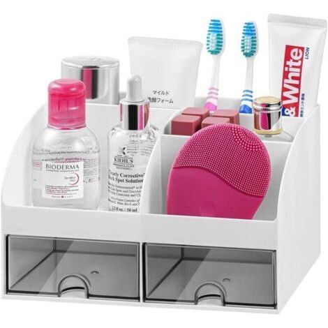 ALLIANDISorganisateur de lavabo de salle de bain avec 8 emplacements pour dentifrice et tiroirs, organisateur en plastique pour salle de bain pour coiffeuse/maquillage/bureau blanc (1/5)