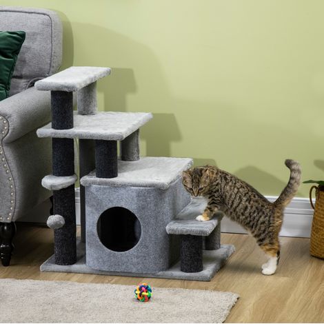 Arbre à chat escalier 3/4 marches avec niche et balle suspendue, peluche grise OKMYHOME (1/5)