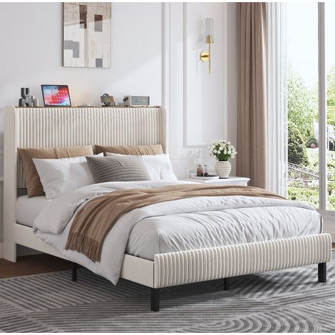Cama tapizada clásica 140x200 cm en pana beige y crema, cabecero acanalado con laterales, somier metálico (1/5)