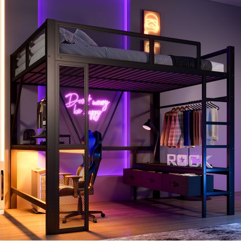 Letto rialzato adulti 140x200 cm con porta USB, illuminazione LED, scrivania, armadio aperto e 3 cassetti, in metallo, senza materasso, nero (1/5)