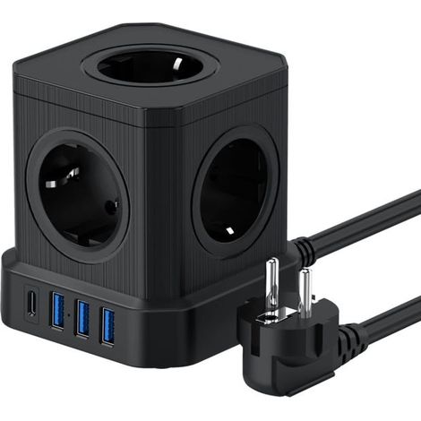 Multiprise (16A/4000W) 5 Prises françaises avec 3 Ports USB et 1 Port Type-C, Bloc Multiprise Parafoudre et Surtension avec Interrupteur, Câble(Noir)