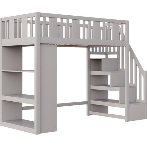 Letto a soppalco 90 x 200 cm grigio con scala contenitore e 3 vani (1/5)