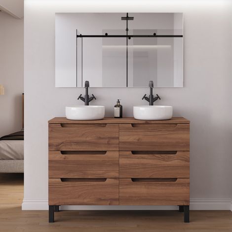 Meuble de salle de bain 120cm avec plateau et 2 vasques à poser rondes - 6 tiroirs - noyer (bois foncé) - RIZA (1/5)