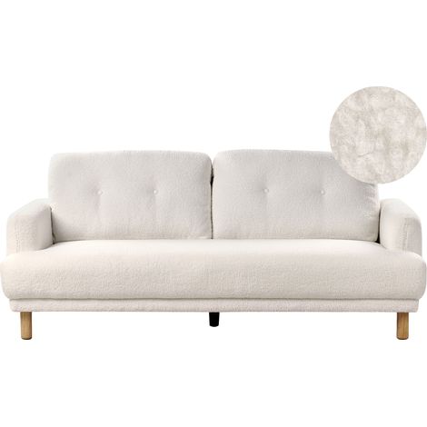 Sofá 3 plazas patas de madera poliéster asiento grueso retro tapizado de bouclé blanco Tuve