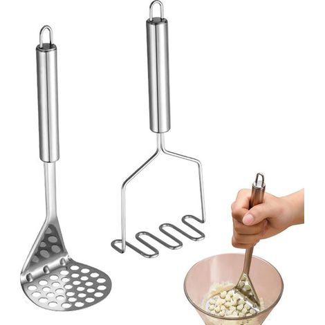 Presse-purée en acier inoxydable 2 pièces avec fil métallique et trous, un ustensile de cuisine pratique pour les légumes, la viande et les pommes de terre. (1/5)