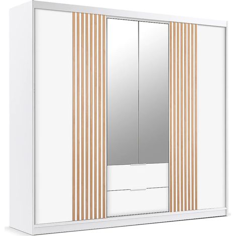 Armadio 4 ante e 2 cassetti Con specchio L250 cm Bianco e naturale - SIDOVIA (1/5)