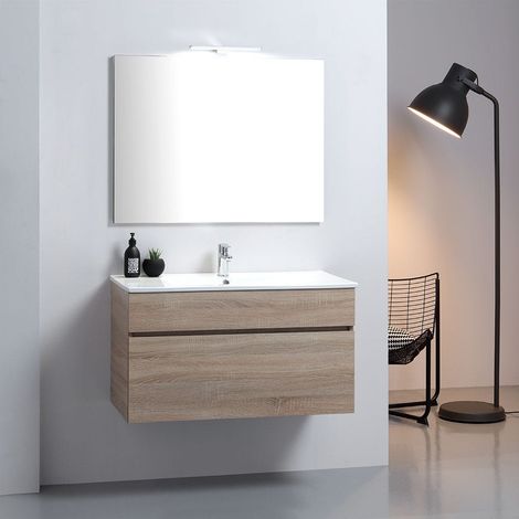 Kiamami Valentina – Armoire de salle de bain murale 90 cm – Tiroir unique avec fermeture douce – Lavabo céramique blanc – Miroir réversible 90x60 cm