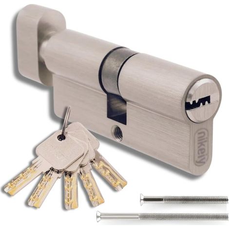 1 cylindre avec bouton 45/45 mm, laiton nickelé, 5 clés, 2 vis, pour porte entrée garage (1/5)