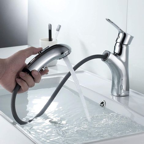 Badarmatur mit ausziehbarer Brause, Waschbecken-Mischbatterie aus verchromtem Messing und zwei Wasserdurchflussmodi für Waschbecken, heiß und kalt einstellbar (1/5)