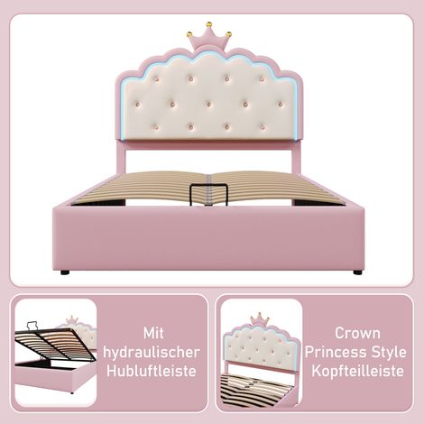 Lit princesse rembourré 140x200 cm PU rose,LED ambiance,rangement hydraulique,cadre à lattes,design élégant,sans matelas