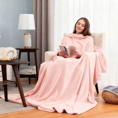 Couverture TV avec manches et poche, couverture à porter duveteuse, douce et chaude, confortable et confortable pour femme et homme en cadeau, 170x120cm, Rose (1/4)