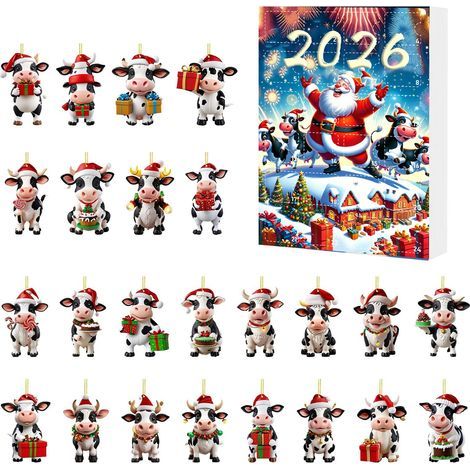 Adventskalender 2026 – Überraschungsbox – Weihnachtsmütze – Kuh – Acryl-Ornament – Weihnachtsbaum-Anhänger – Geschenkbox – Kuh B (1/3)