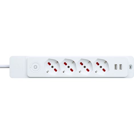 Multipresa con spina 16A piegata a 90°, 4 prese bipasso/schuko 10A/16A e 2 prese USB, cavo 1,5 metri, con interruttore, bianco, serie Emilia Specialist - Rosi RS8422UB