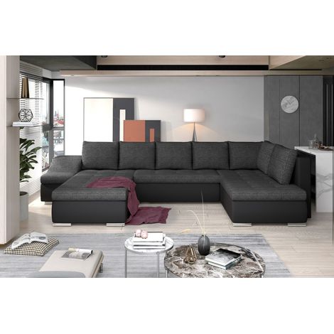 Canapé panoramique GYOVANI gris et noir angle gauche convertible 6 places