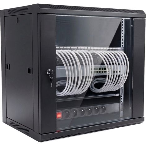 Coffret serveur 19" 12U prêt à l'emploi, 24 ports RJ45 cat6A avec switch et bloc d'alimentation