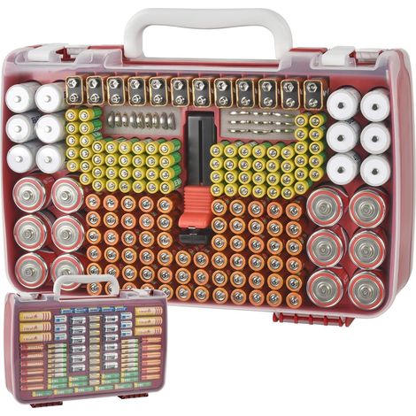 Boîte de rangement double face pour piles AA AAA AAAA 3A 4A 9V C D Lithium 4LR44 CR2 CR123A CR1632 CR2032 18650 Rouge (1/5)