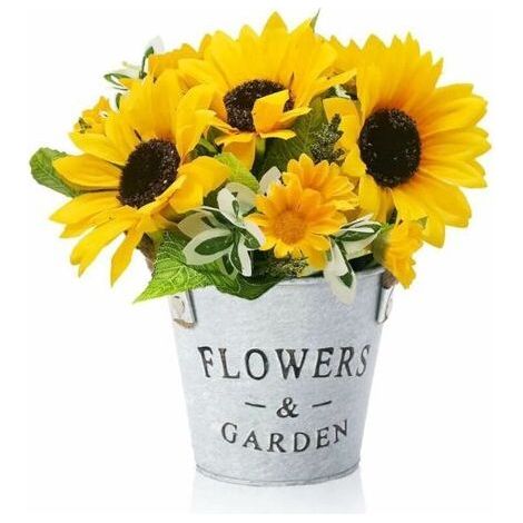 Artificial Plant Decoration, Sunflower Decorative Plant Indoor Outdoor, Artificial Flowers with Metal Pot, Mini Fake Plants for Decor Home Wedding Office Table Garden Party (1/4)