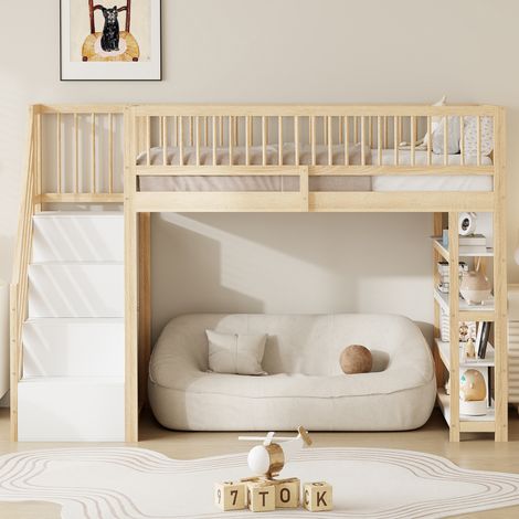 Cama alta 90 x 200 cm con armario, estanterías y escalera de seguridad, madera natural (1/5)