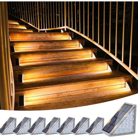 Lot de 8 lampes solaires d'escalier d'extérieur étanches IP67 80 lumens LED pour jardin, escalier, escalier, marche avant, porche et terrasse (blanc chaud) (1/4)