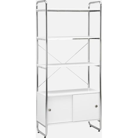 Estantería librería en metal cromado y efecto madera con 5 niveles y 2 puertas correderas (1/5)