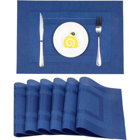 6Pcs Placemats PVC Table Place Mats Heat-Resistant Woven Vinyl Non-Slip Table Placemats Sets For Dinning Table Home Restaurant Decor(Navy Blue) (1/5)